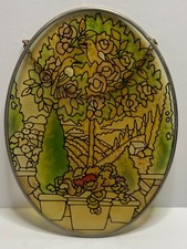 Vintage Stained Glass Suncatcher Decorated Trees Birds Garden Handpainted Oval