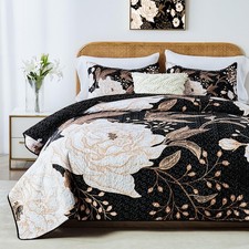 Full Queen Size Quilt Set,White Gold Floral Botanical Pattern Black Bedding S...
