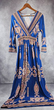 Bohemian Cutout Deep V Neck Long Tie Waist Sleeves Summer Maxi Dress Blue L