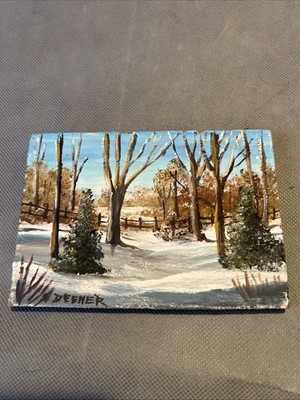 Original Miniature Painting On Wood Signed Deeher  Fence On Snowy Day  5x3.5 