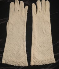 Vintage Hand Beaded Stretch Nylon One Size 6 White 10.5 Gloves Hong Kong