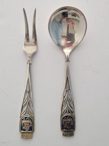 Norwegian Collectible Souvenir 40Gr Silver Plate, Cocktail Spoon and Fork Set