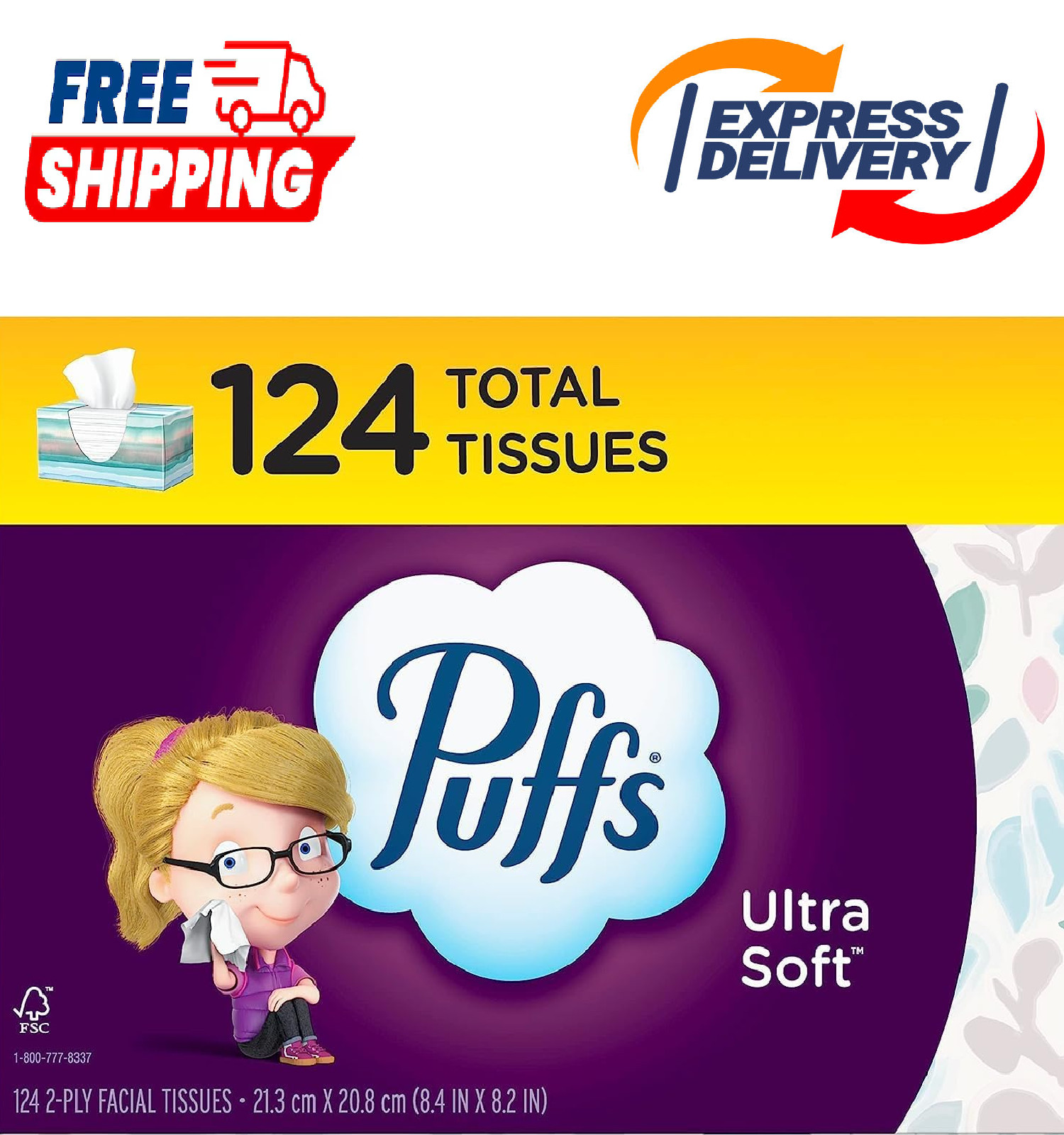 Puffs Ultra Soft Facial Tissues, 1 Family Size Box, 124 Facial Tissues Per Box