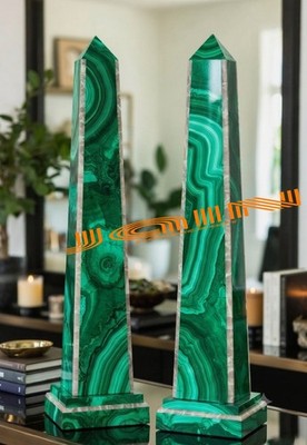 12'' two pcs Marble Obelisk  inlay malachite home room decor arts & collectible
