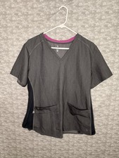 MedCouture Touch 3 pock. Gray Scrub Top Shrt Slv V-Neck SZ XL stretch side panel
