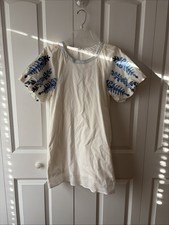 Loveriche Ladies White Embroidered Blue Fiesta Mexican Cotton/Linen Dress Sz S