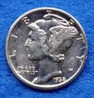 90% Silver 1938 P AU Mercury Dime 10C Business Strike Uncertified