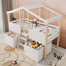 Image of Single Bed Frame 3FT Kids Wooden White Natural Storage Drawers 90x190cm