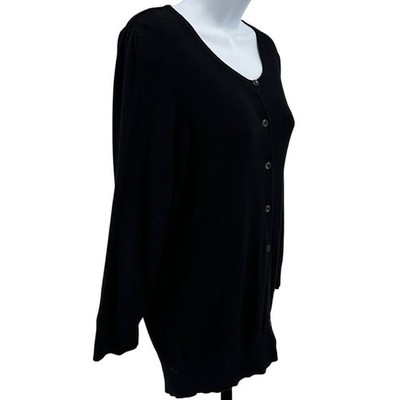 Halogen Knitted Top WMNS M Petite Black 3/4 Sleeve Button-Up Stretch Round Neck