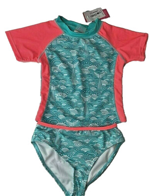 Jantzen Girls 2 Piece Rash Guard Set Teal Coral Mermaid Tail Stretch 4 New