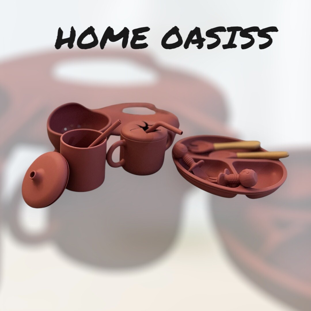 10 Pcs Cute Silicone Baby Feeding Dish Set | Plate Bowl Bib Cup Utensils Pink