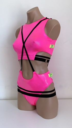 Schminke π© pleasure suit Pole dance wear set wet look top bottoms straps neon - Picture 5 of 9