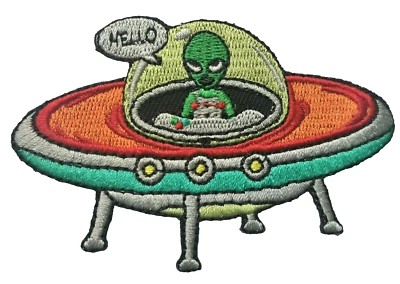 Alien Invasion Embroidered Patch Abduction Green Spaceman UFO Roswell Iron On - Image 1 of 3