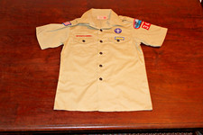 Boy Scouts of America BSA Youth Shirt Tan Large Sewn Patches Short Sleeve