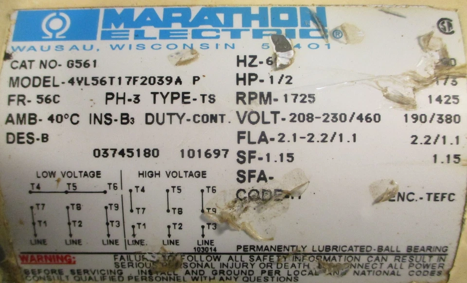 Marathon Electric G561 AC Motor 4VL56T17F2039A 3PH 1/2HP 1725RPM 5/8" Shaft Dia - Image 3 of 4