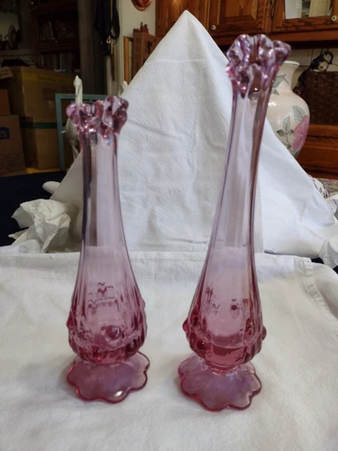 Set of 2, Fenton Pink Cranberry Swung Bud Flower Vases, Vintage, 9 3/4" & 8 1/4"