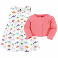 Hudson Baby Cotton Dress and Cardigan Set, Girl Dinosaurs