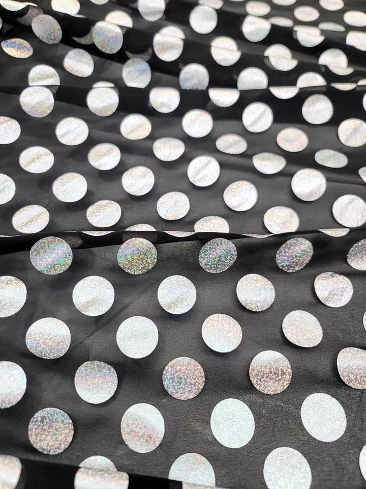Tela de gasa de poliéster transparente NEGRO vendida por yarda plateada IRIDISCENTE lunares Foto 3 de 4