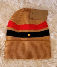        NEW Tan Black Red Stripes Bur Beanie Knit Winter Stocking Hat       