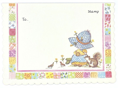 Vintage Post Card UNUSED Patchwork Pals Bonnet Girl Squirrel 1970s Scallop Edge