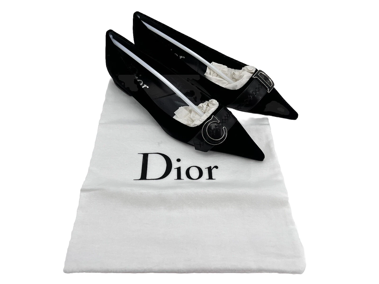 Ballerines plates Dior velours bout pointu noir 39 US 9 boucles C&D vintage avec boite