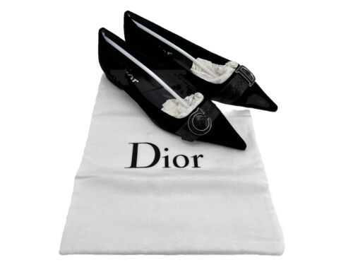 Dior Velvet Ballerina Flats Pointed Toe Black 39 US 9 C&D Buckles Vtg With Box