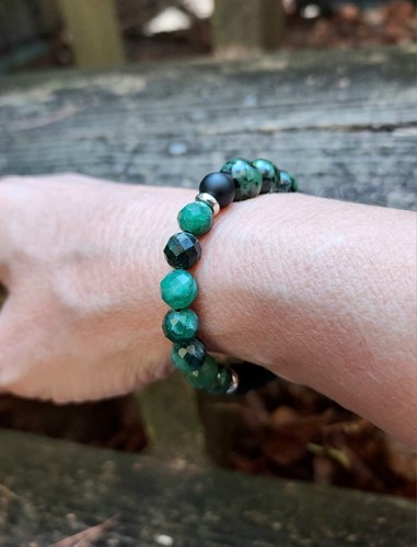Emerald Beaded Bracelet With Ruby In Zoisite Stretch Genuine Gemstones 6.50" - Picture 8 of 10