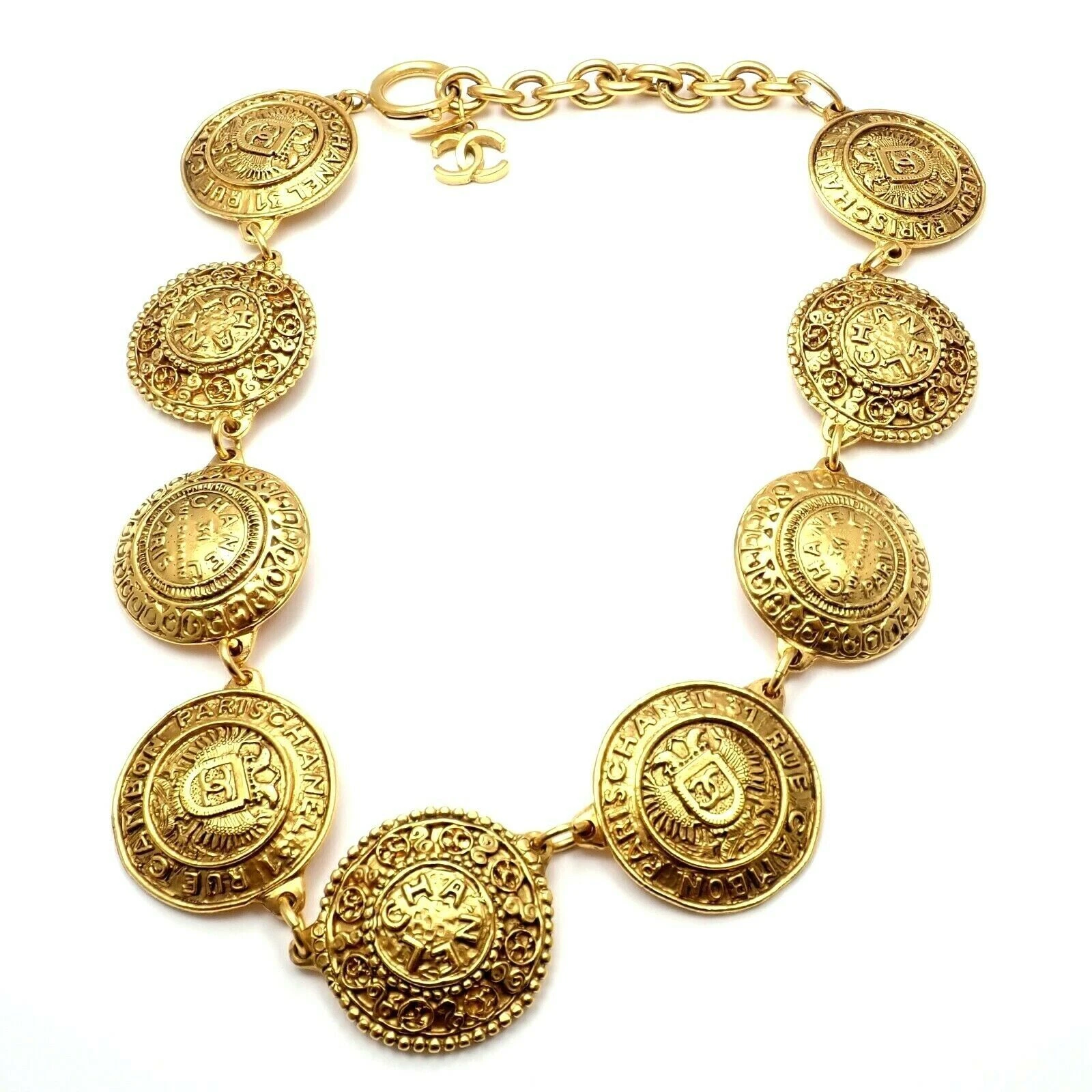 Chic! Autentica Collana Motivo Disco Chanel Vintage Tono Oro CC 9 Disco
