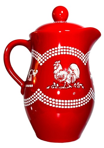 Pitcher & Lid - Temp-Tations by Tara Doodle Doo White on Red Rooster 2Qt Ceramic - Picture 4 of 9
