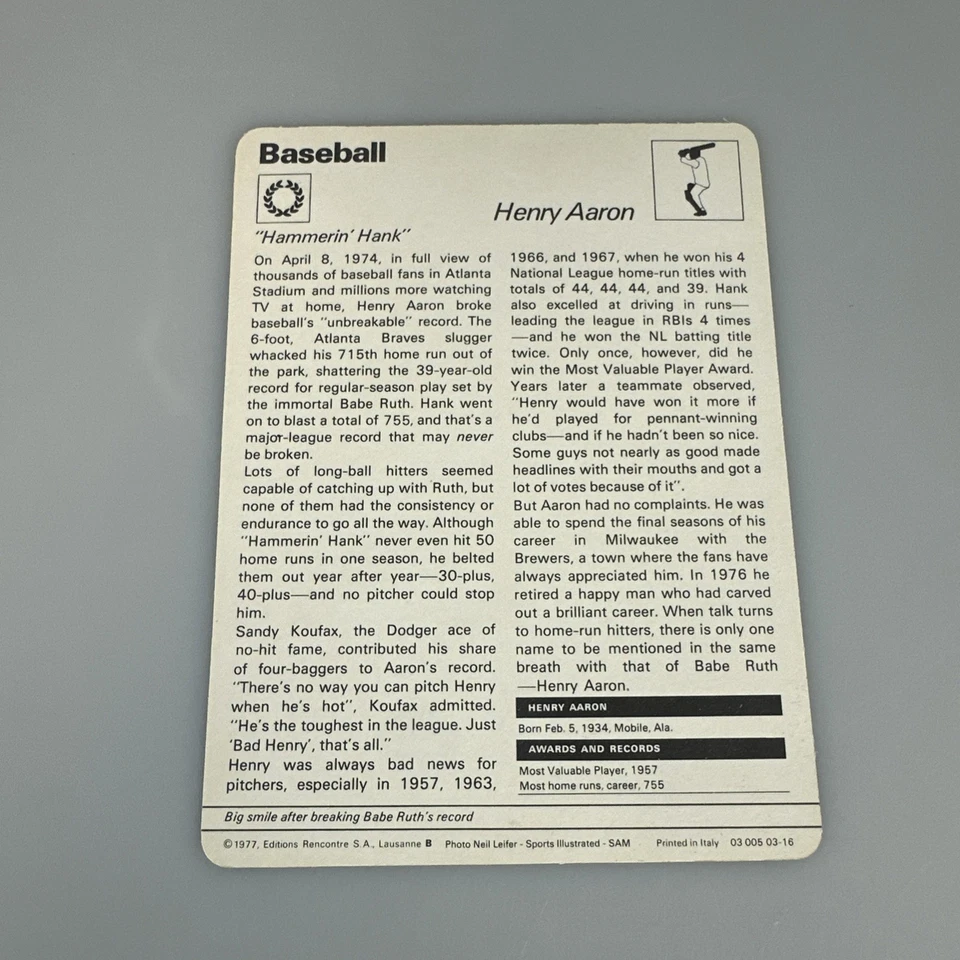 1977 Finnish Sportscaster 05-119 Henry Hank Aaron Atlanta Braves Baseball - Imagem 2 de 2