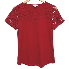 Charter Club Womens Top Red Gorgeous Medium P Lace Floral Short Sleeve Blouse