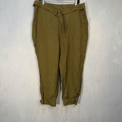 Express Rayon Linen Ankle High Rise Baggy Pants Mustard Green S 14R Belted