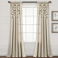 Boho Pom Pom Tassel Linen Textured Window Curtain Panel 52" W X 95" L