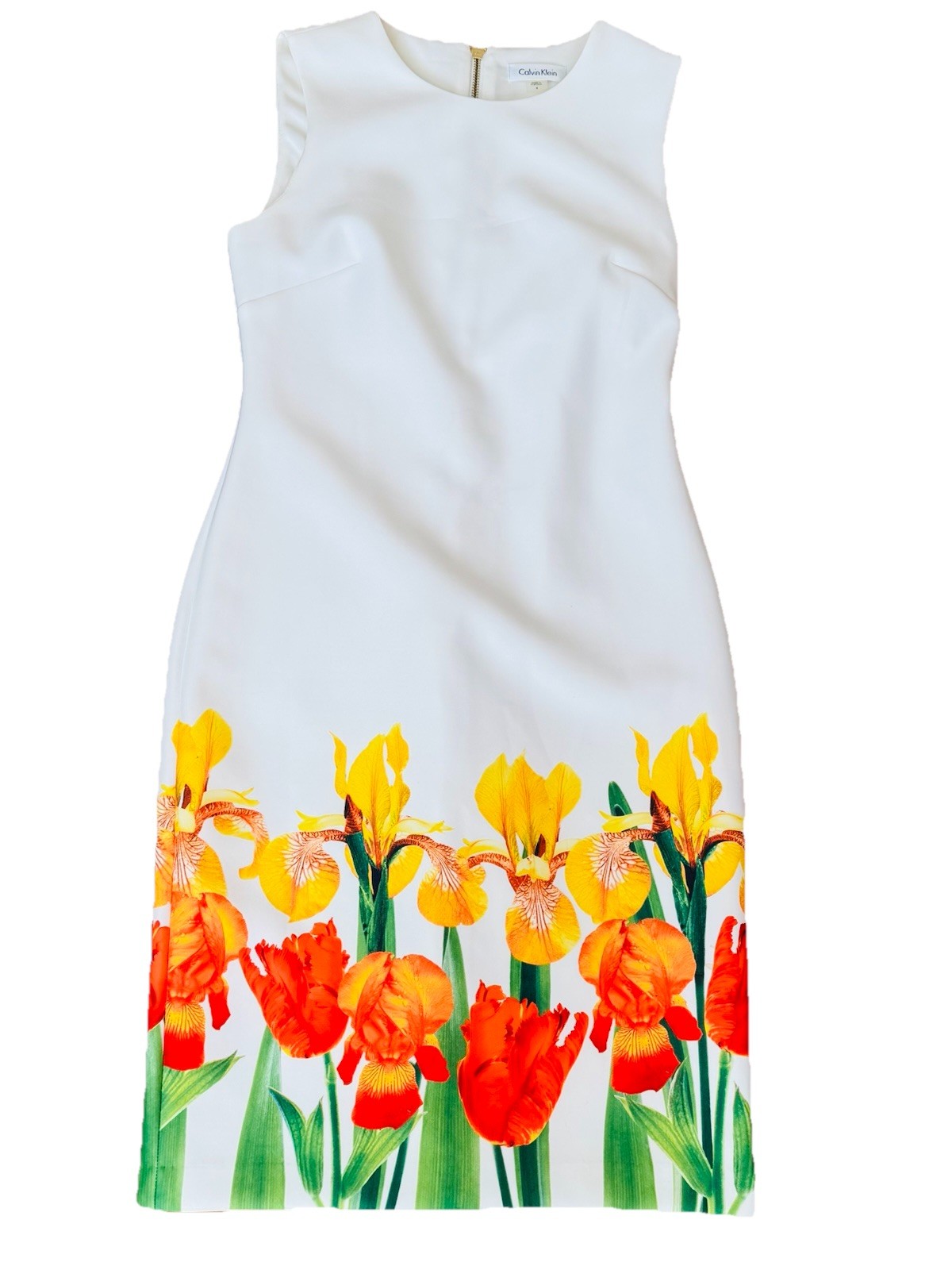 Calvin Klein Sleeveless Dress Womens 4 White Floral Stretch Sheath Lined Peony