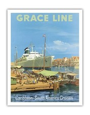 Caribbean South America Cruises - Vintage Grace Line Travel Poster by Evers 1957
