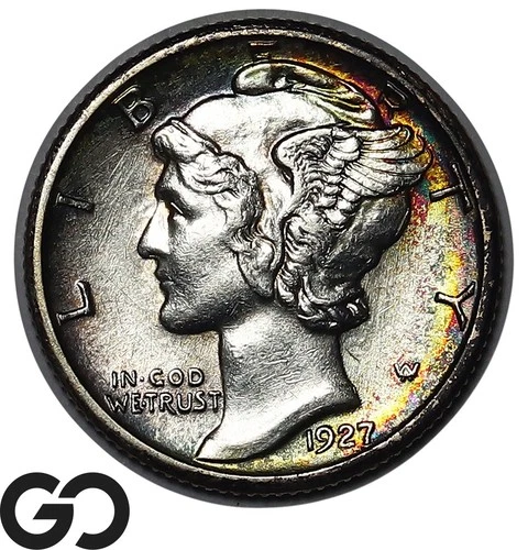 1927-S Mercury Dime, Nice Peripheral Color, Choice BU Better Date