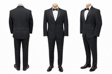 Men's Black Tuxedo with Flat Front Pants High Quality Wool Satin Notch Lapels