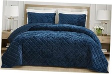 Lux Velvet Quilt Set, 3-Piece Plush Distressed Velvet Bedding King Navy Blue