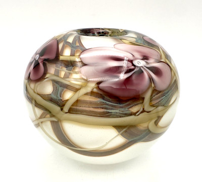 Stunning 6'' x 5'' RICH MILLER Art Glass Vase - Heavy, Multi-Layer, Purple Flowers