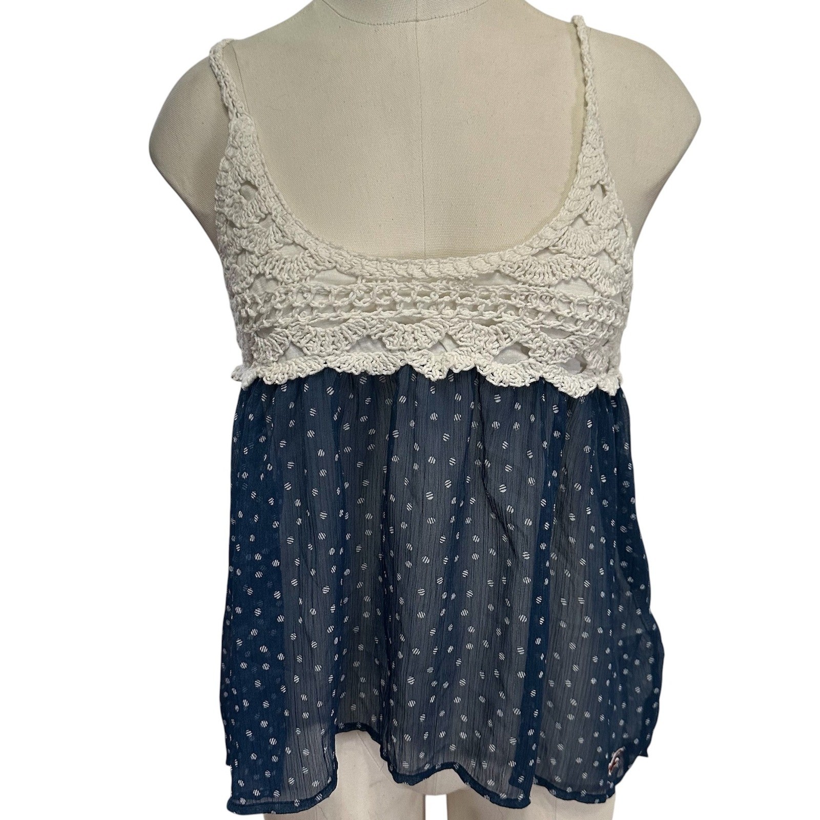 Vintage Hollister Y2K Crochet Lace Navy Polka Dot Babydoll Cami Top Small