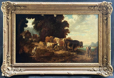 LARGE 19thC CATTLE SHEEP & GOATS BY COTTAGE WOODED LANDSCPE ANTIQUE OIL PAINTING