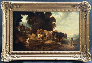 LARGE 19thC CATTLE SHEEP & GOATS BY COTTAGE WOODED LANDSCPE ANTIQUE OIL PAINTING
