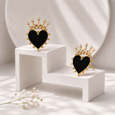 Gold Crown Black Heart Stud Earrings, Gothic Queen Tiara Enamel Statement Studs