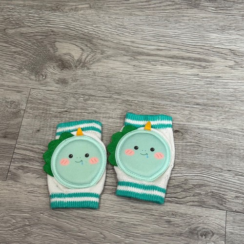 Vintage Baby Crawling Kneepads Dinosaur Padded Leg Warmers Teal White Striped