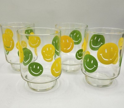 VTG 70s LIBBEY SMILEY FACE Stackable 4 1/4'' Glass Tumblers Green Yellow Set of 4