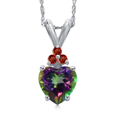 0.98 Ct Green Mystic Topaz Red Garnet 14K White Gold Pendant with Chain