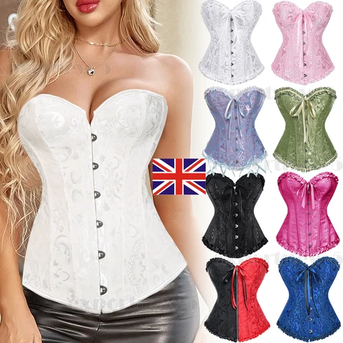 Women Overbust Lace Up Boned Corset Bustier Burlesque Basque Tops Body Shaper - Picture 1 of 32