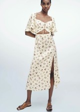 DDP ZARA WOMAN MIDI V-NECK FLORAL PRINT DRESS VANILLA Coquette Size XS