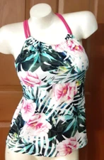 Zelos Tankini Pink Flowers Elastic Top Over Double Straps Built-In Bra Size S