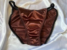 Rust Red Brown Satin String Bikini Panties Black Trim Sz XL